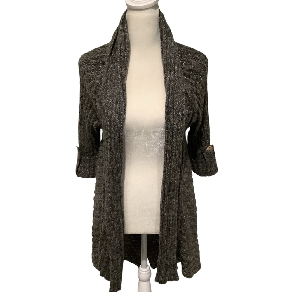 BCBGMaxAzria Women’s Charcoal Knit Cowl Neck Cardigan Full Length Sweater - Picture 2 of 8